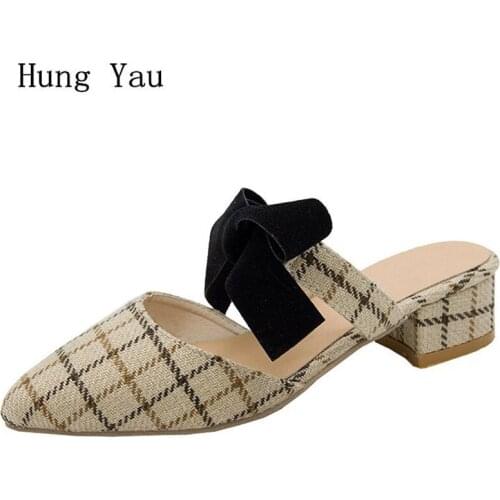 Woman Sandals Shoes Slippers Summer Wedges Pumps High Heels Slip On Fashion Butterfly-knot Pointed Toe Gingham Shoes Women