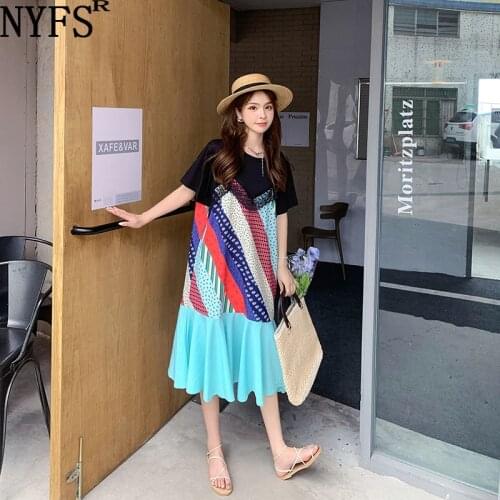 NYFS Summer Dress 2021 Korean New Loose Patchwork Lace Floral Woman Dress Vestidos Robe Elbise Fashion Fake two Dresses