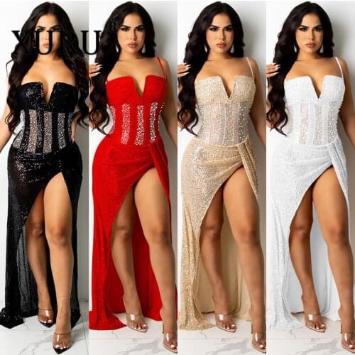 XURU European and American Summer New Product Dress Womens Split V-neck Sexy Dress Hot Drilling Sequin Mesh Sling Dress