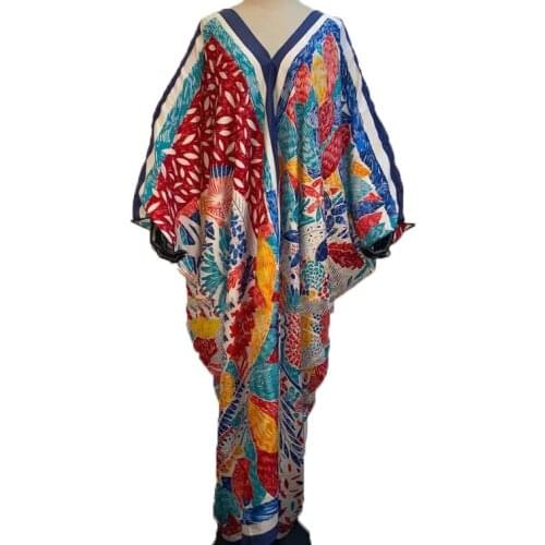 Sexy V-Neck European printed Bohemian Silk kaftan maxi dress Free Size African womens evening party abaya Robe Gowns