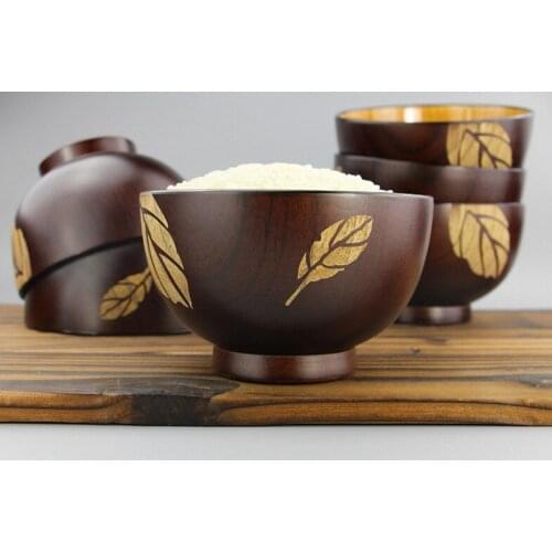 1PC Food Safety Wooden Bowls Leaf/Flower Pattern Jujube Wood Rice Soup Bowls Heat Resistant Wood Household Utensil ELC 010