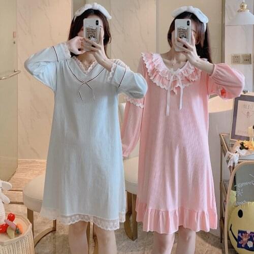 2020 Autumn Sweet Princess Long Sleeve 100% Cotton Nightgowns Women Cute Lace Sleepwear Night Dress Nightdress Home Dress Nighty