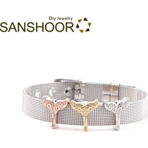 SANSHOOR The Tail of Mermaid Slide Charms Fit 10mm Wide Wrap Leather Bracelet Wristband As Women Valentines Day Gift 3Pcs