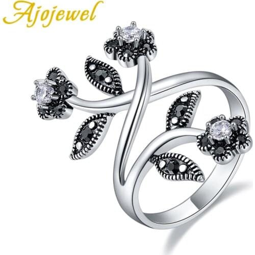 Ajojewel Natural Style Flowers And Leaf Ring Size 7-9 CZ Vintage Rings For Women Accessories Bague Femme Bijoux