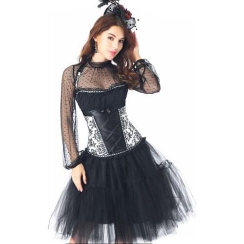 Black & White Floral Print Vintage Halter Corset Skirt Dress Victorian Gothic Dresses Steampunk Women Clothes Burlesque Clothing