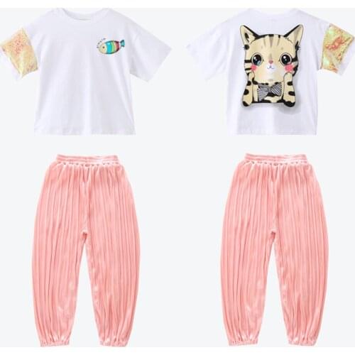 Childrens Clothing Girl Sets Kids Clothes Girls kids Girls Summer Sets For 8 Years A Sequined Cat Patterned Short-Sleeved Suit