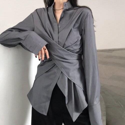 Solid Irregular T Shirt For Women V Neck Short Sleeve Slim Button Ruched Tops Female spring 2020Fashion Clothes New