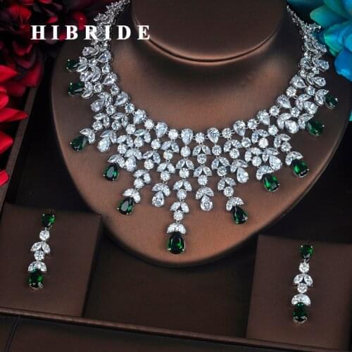 HIBRIDE New Design Clear Brilliant Green Water Drop Cubic Zirconia Women Jewelry Sets Wedding Bride Dress Accessories N-360