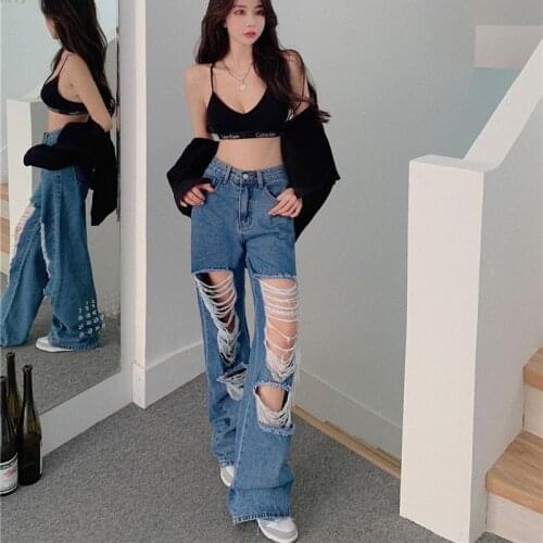 Chinese new womens pants personality street high waist hole loose wide leg jeans harlan pants spot