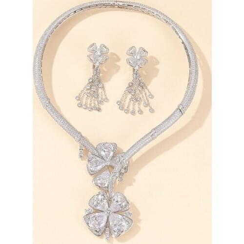 Top Fashion Ladies Big Cubic Zircon Stone Flower Tassel Long Earrings choker Necklaces Luxury Wedding Jewelry Sets 2021 trend