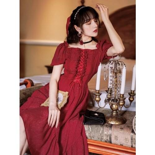 Red Elegant Retro Princess Dress French Fashion Bright Silk Square Neck Puff Sleeve Cute Kawaii Vestidos Lolita