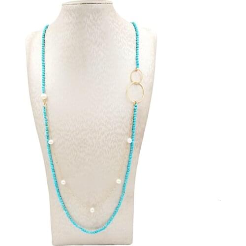 Lii Ji Turquoise Freshwater Pearl Gold Chain 925 Sterling Silver Gold color Double circles Long Necklace Delicate Jewelry