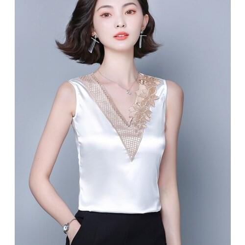 Womens Summer Sleeveless Flower Embroidery Satin Silk Vest Tank Tops Blouse Tee Backless Lace Solid Casual Shirts Cami Tops