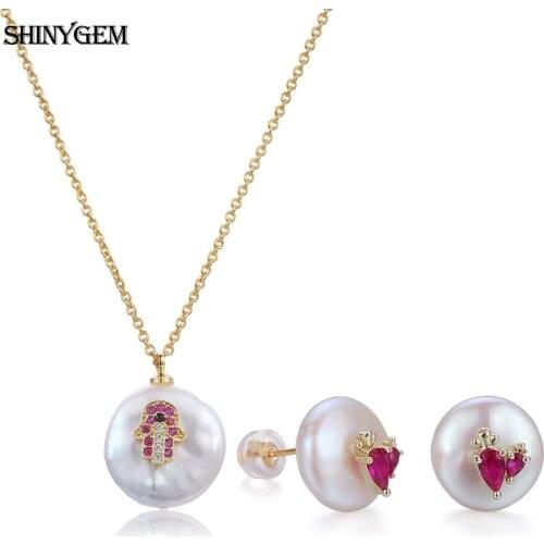 Fashionable Exquisite 12mm Natural Real Pearl Jewelry Sets For Women Inlaid Colorful Zircon Hamsa Eye Carrot Necklace / Earrings