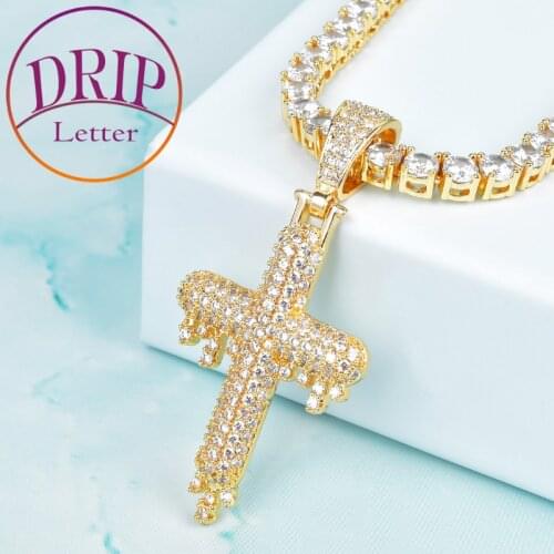 Drip Cross Gold Color Cubic Zircon Mens Hip Hop Pendant Necklace Rock Street Jewelry