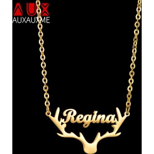 Auxauxme Custom Deer Name Necklace for Women Stainless Steel Personalized Nameplate Birthday Party Jewelry Gifts