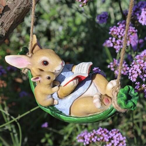 Resin Rabbit Statue Yard Garden Decoration Outdoor Tree Hanging Ornaments Fairy Garden Animal Figurine Creative Rabbit Sculpture