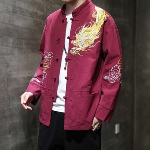 2021 New Year Traditional Chinese Clothing For Men Dragon Embroidery Long Sleeve Linen Hanfu Kung Fu Men Shirt Tang Suit KK3417