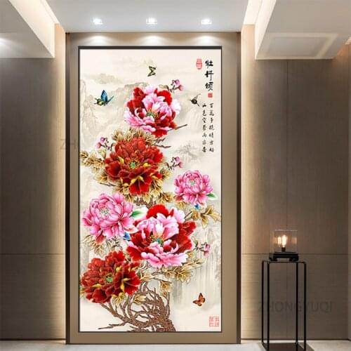 Vintage Chinese Style Lotus Peony with Letters Poster Print Canvas Painting Wall Art Pictures for Living Room Home Cuadros Decor