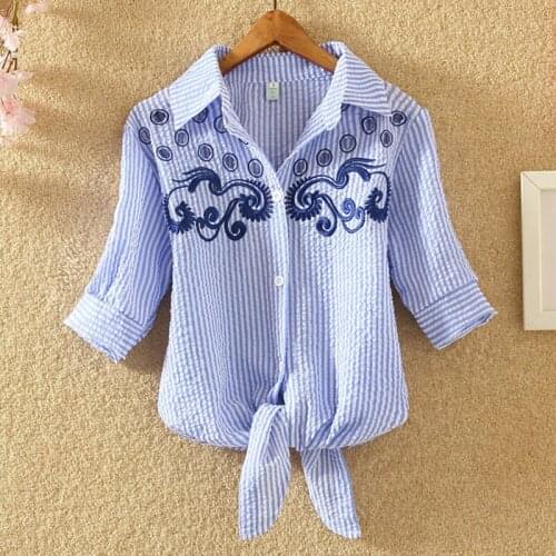 Embroiderey shirt Womens 2021summer Wild stripe fashion blouses New Women Top casual Ladies clothes Ropa Camisas mujer Самка