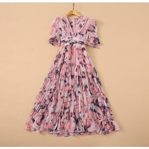 European and American womens wear for summer 2021 Short sleeve v-neck Fashion print pleated belt dress