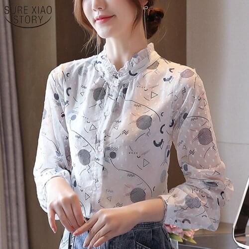 2021 Autumn New Korean All-match Long Sleeve Shirt OL Floral Chiffon Blouses Women Stand Collar Printed Womans Shirts 10742