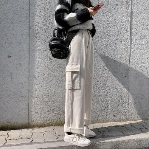 Harajuku Pocket Patchwork High Waist Corduroy Pant Women Streetwear Straight Trousers Female Cargo Pants 2020 Spring Autumn