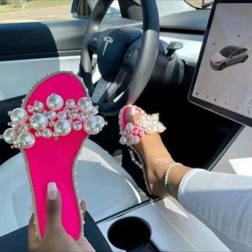 2021 New Sandals Fashion Pearl Decoration Women Sandals Slippers Square Toe Slides Summer Lady Outdoor Beach Sandals Non-slip