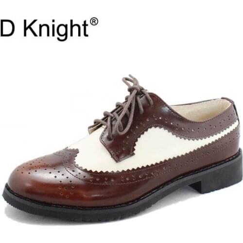 Hot Selling Women Genuine Leather Lace Up Oxford Shoes Vintage Cow Leather Carved Bullock Oxfords For Women Ladies Casual Flats