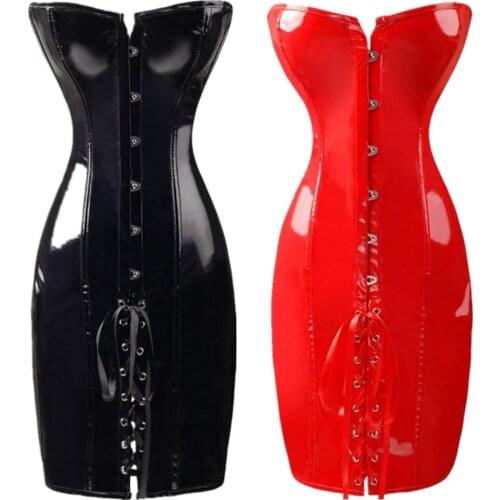Women Red Black Strapless Boned Lace PVC Corset Party Clubwear PVC Tight Dress
