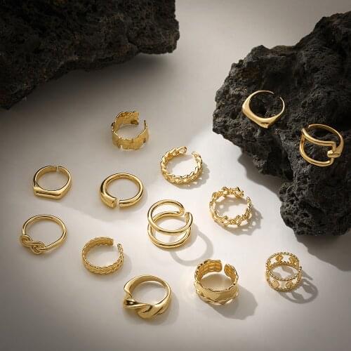 Gold Punk Leaf Link Chain Circle Round Rings for Women Geometric Simple Irregular Star Chunky Open Knuckle Rings Jewelry