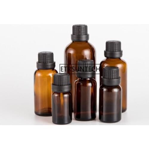 100pcs 30ml 20ml 15ml 10ml Thick Amber Essential Oil Glass Bottles With Black Cap Glass Containers F2767