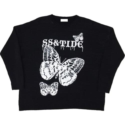 2021 New Harajuku Hip Hop Women Sweater Butterfly Letter Jacquard Loose Oversized Pullovers Fashion Winter 90s Couples Clothing