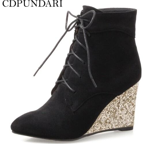 CDPUNDARI Black High Heels Ankle Boots For Women Wedge Boots Ladies Autumn Winter Short Boots Bottines Femme