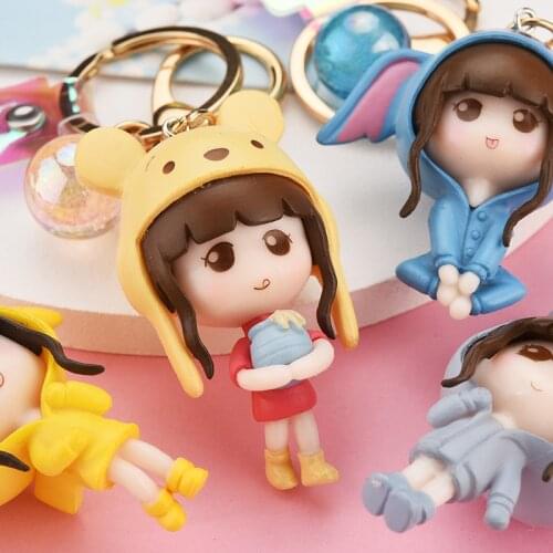 Cute Hat Girl Cartoon Resin Doll Keyring Leather Cord Keychain for Women Kids Car Bag Pendant Charm Key Chains