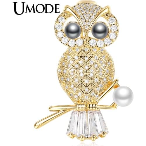UMODE Fashion Vintage Charming Pearl Owl Brooch for Women Gold Color Brooches Para As Mulheres Bijoux Femme Party Gifts AUX0014A