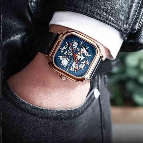 AILANG Sport Automatic Mens Watches Top Brand Luxury Square Mechanical Watch Men Wristwatch Hollow Skeleton Erkek Kol Saati