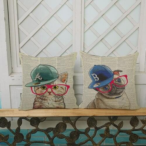 Retro Background Wearing Baseball Cap Sunglasses Pug Dog And Cat Pattern Pillow Case Home Sofa Decoration Cushion Cover