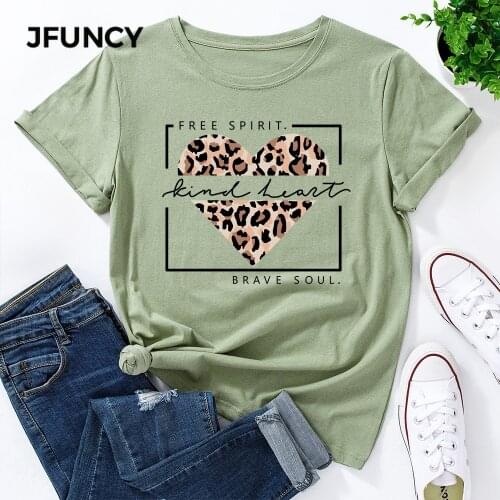 JFUNCY Oversize Womens Tops Leopard Love Heart Print Tshirt Female Shirts Summer Casual Short Sleeve Basic Tee Cotton T-shirt