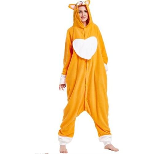 Cartoon Anime Cute Lovely Heart Yellow Dog Onesie Halloween Cosplay Animals dogs Adult Mens fleece Pajamas Sleepwear Jumpsuit