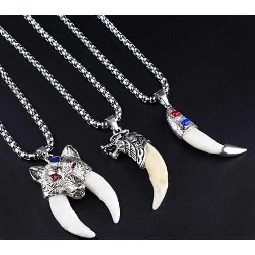 Mens Stainless Steel Necklace Tibetan Amulet Fangs Real Natural Tooth Vintage Silver Color Wolf Tooth Charm Pendant Necklace