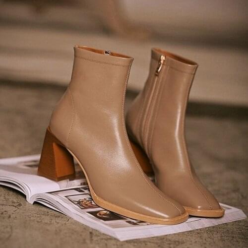 Women Boots 2020 Elegant Womens Shoes Leather Booties Brown Black Hingh Heel Platform Fashion Rubber Ladies Ankle Side Zipper