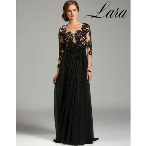 Sukienka plus size Black A-Line Long Sleeve Formal Crew Beaded Appliques Party Hollow Back Chiffon Mother of the Bride Dresses