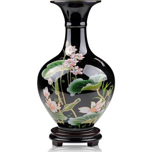 Modern Chinese Antique Famille Rose Porcelain Ceramic Black Vases with Lotus Design for Home Decoration No base