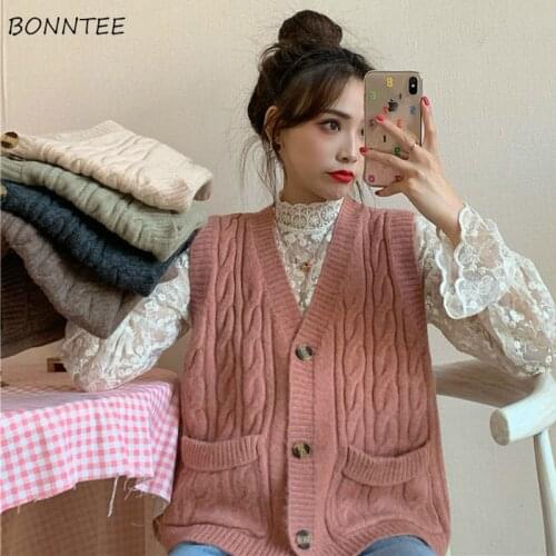 Sweater Vests Womens Solid V-Neck Single Breasted Pockets New Fashion Casual Knitwear Elegant Female Loose Korean Style Ins Tide