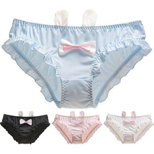 Cute Kawaii Panties Womens Girls Bowknot Rabbit Ears Briefs White/Pink Ruffle Sexy Underpants Low Waist Lingerie Underwear
