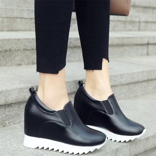Fashion Sneakers Women Genuine Leather Wedges High Heel Ankle Boots Female Mid Top Round Toe Platform Pumps Shoes Casual Shoes
