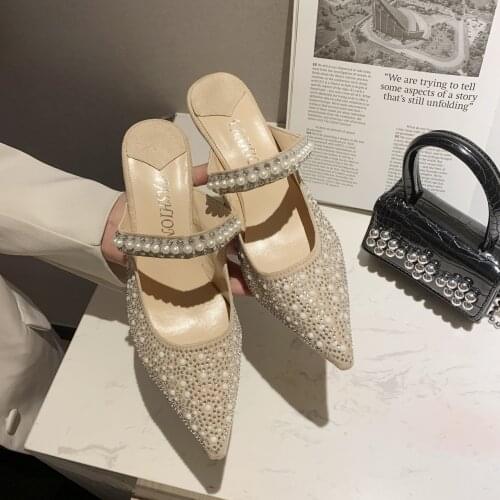Pearl Slippers Shoes Women Basic 2021 Summer Flock Shiny Rhinestones Pointed Toe Flats Pearl Slippers Fashion Party Women Shoes