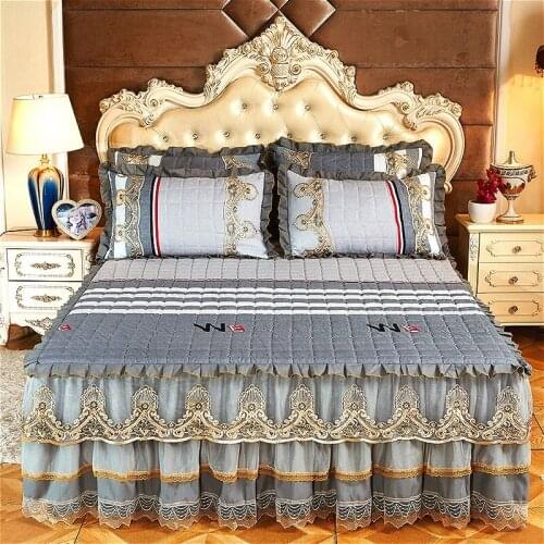 Thickened warm quilting with cotton Bed spread Fitted Sheet Pillowcases 2/3pcs Luxury Princess Lace Embroidery Bedding