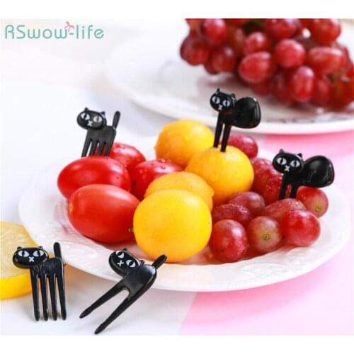 6PCS/Set Black Cat Fruit Fork Cute Cartoon Baby Fork Kitten Potty Decoration Plastic PP Kitchen Tool Home Supplies Kid Household